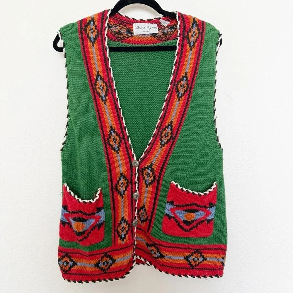 Vintage Southwestern Knit Festival Vest Concho Button Unisex Size S